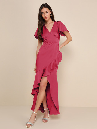 Burgunderrot Rosa Brautjungfernkleid V-Ausschnitt Rüschen Asymmetrisches A-Linien-Maxikleid