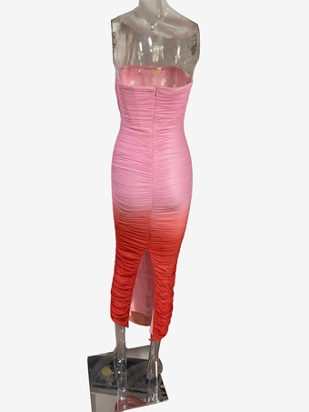 グラデーションカラーのストラップレスマキシドレス（レディース） - ピーチカラーのギャザー入りボディコンチューブドレス（バックスリット付き） - 2026年夏リゾートウェア