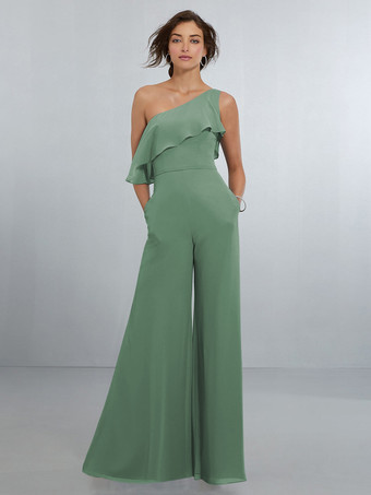 セージグリーンシフォン ブライズメイド ドレス ジャンプスーツ ワンショルダー アシンメトリー ウェディング パーティードレス