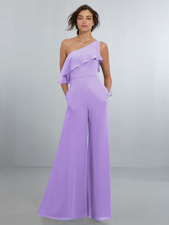 ライラックシフォン ブライズメイド ドレス ジャンプスーツ ワンショルダー アシンメトリー ウェディング パーティードレス