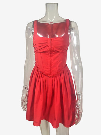 Vestido mini plisado fruncido con escote cuadrado y cintura tipo corsé en forma de V para mujer 2026