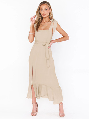 HellaprikosenfarbenMidikleid quadratischer Kragen Schlitz Gürtel Brautjungfern-Geburtstagsfeier-Abschlussballkleider