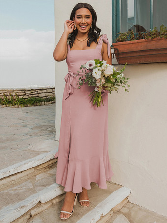 RosaMidikleid quadratischer Kragen Schlitz Gürtel Brautjungfern-Geburtstagsfeier-Abschlussballkleider