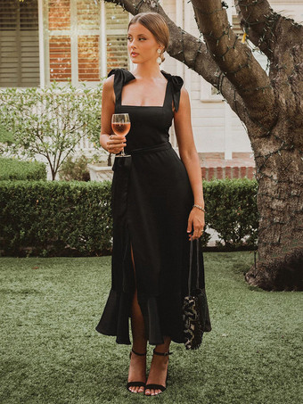 SchwarzMidikleid quadratischer Kragen Schlitz Gürtel Brautjungfern-Geburtstagsfeier-Abschlussballkleider