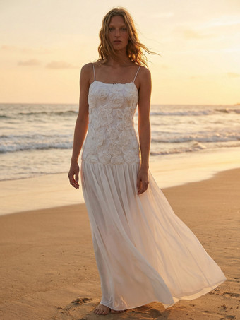 Bianco Abito da festa lungo con canotta plissettata floreale 3D per donna 2026