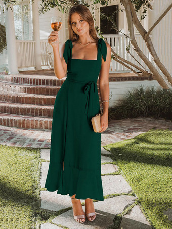 DunkelgrünMidikleid quadratischer Kragen Schlitz Gürtel Brautjungfern-Geburtstagsfeier-Abschlussballkleider