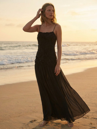 Nero Abito da festa lungo con canotta plissettata floreale 3D per donna 2026