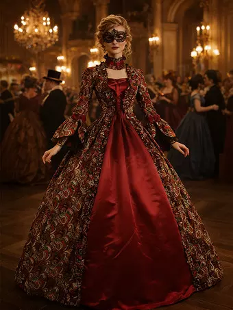 Victorian Tudor Dress Costume Baroque Costume Lace Ruffles Printed Trumpet  sleeves Vintage Viactorian era Clothing Long Party Dresses with Choker ...