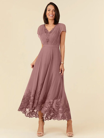 lotus roseRobe de soirée pour mère de la mariée col en v sans manches ligne a plissée longueur cheville robes d'invitées de mariage