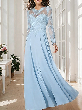 ベビーブルーブライダルマザードレス イリュージョンネックライン ロングスリーブ Aライン アップリケ ウェディングゲストドレス