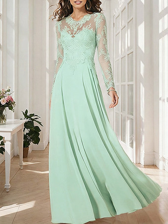 パステルグリーンブライダルマザードレス イリュージョンネックライン ロングスリーブ Aライン アップリケ ウェディングゲストドレス