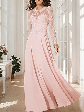ソフトピンクブライダルマザードレス イリュージョンネックライン ロングスリーブ Aライン アップリケ ウェディングゲストドレス
