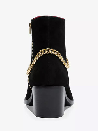 男性のハイヒールブーツチェルシーブーツブラックスエードレザーポインテッドトゥチェーンパーティープロムドレスブーツ