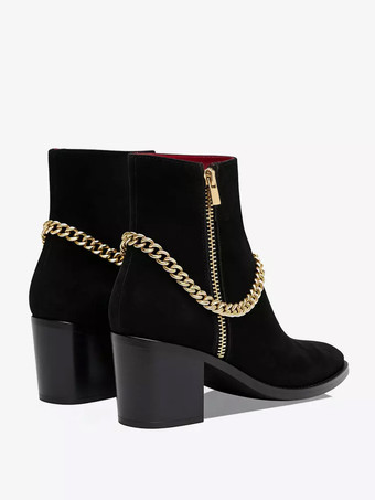 男性のハイヒールブーツチェルシーブーツブラックスエードレザーポインテッドトゥチェーンパーティープロムドレスブーツ