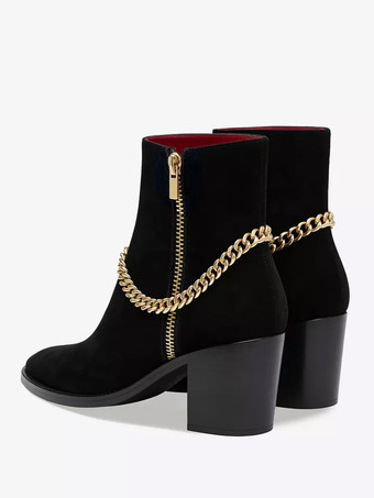 男性のハイヒールブーツチェルシーブーツブラックスエードレザーポインテッドトゥチェーンパーティープロムドレスブーツ