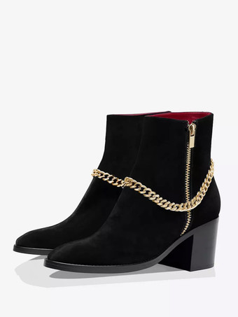 男性のハイヒールブーツチェルシーブーツブラックスエードレザーポインテッドトゥチェーンパーティープロムドレスブーツ