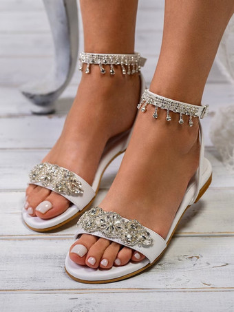 WeißBoho Brautschuhe PU Leder Runde Zehe Strass Braut Wohnungen