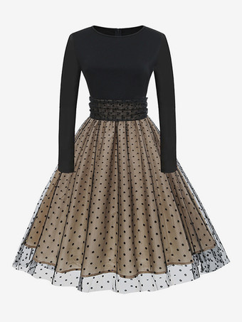 レトロワンピース　1950年代オードリー・ヘップバーン風　ジュエルネック　半袖　ミディアム　水玉　二次会　お呼ばれ　発表会　ロカビリーワンピース