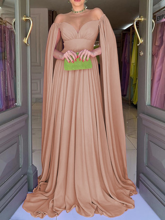 サーモンピンクイブニングドレス Aライン スウィートハートネック シフォン トレーン付き プリーツ 社交パーティードレス