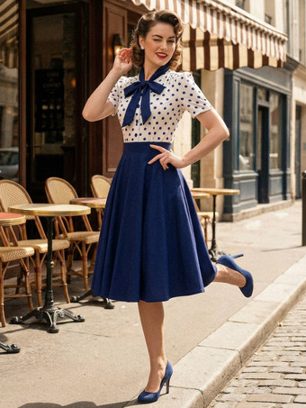 ドット柄パッチワーク 蝶ネクタイネック 半袖 レトロ スウィングドレス レディース 2026