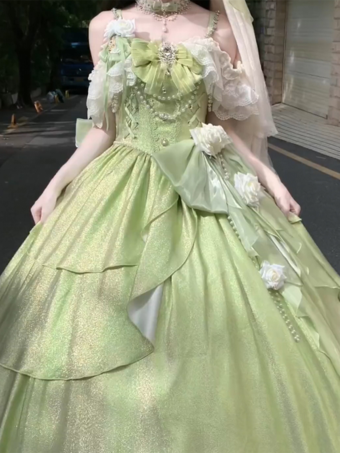 Vestidos de Lolita de hadas vestido de baile rosa con flores y cuentas lazo en la espalda vendaje de encaje mangas de encaje vestido de Lolita