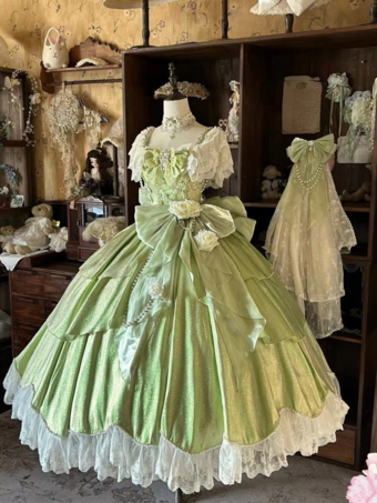 verde claro Vestidos de Lolita de hadas vestido de baile rosa con flores y cuentas lazo en la espalda vendaje de encaje mangas de encaje vestido de Lolita