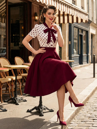 ドット柄パッチワーク 蝶ネクタイネック 半袖 レトロ スウィングドレス レディース 2026