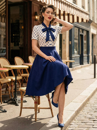 ドット柄パッチワーク 蝶ネクタイネック 半袖 レトロ スウィングドレス レディース 2026