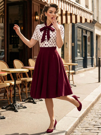 ドット柄パッチワーク 蝶ネクタイネック 半袖 レトロ スウィングドレス レディース 2026