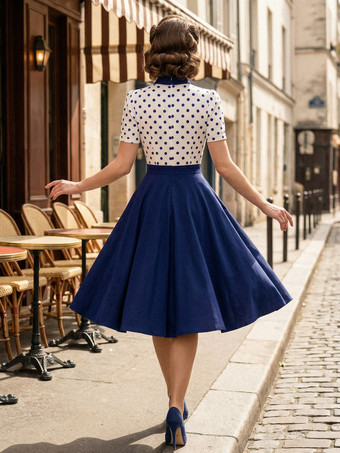 ドット柄パッチワーク 蝶ネクタイネック 半袖 レトロ スウィングドレス レディース 2026