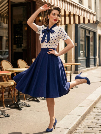 ドット柄パッチワーク 蝶ネクタイネック 半袖 レトロ スウィングドレス レディース 2026