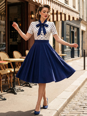 ブルー ドット柄パッチワーク 蝶ネクタイネック 半袖 レトロ スウィングドレス レディース 2026