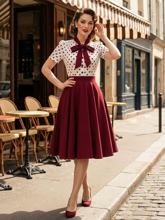 ドット柄パッチワーク 蝶ネクタイネック 半袖 レトロ スウィングドレス レディース 2026