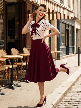 バーガンディードット柄パッチワーク 蝶ネクタイネック 半袖 レトロ スウィングドレス レディース 2026