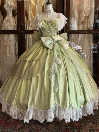 Vestidos de Lolita de hadas vestido de baile rosa con flores y cuentas lazo en la espalda vendaje de encaje mangas de encaje vestido de Lolita