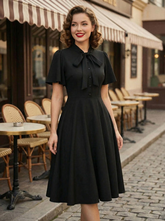 ヴィンテージ ボウタイネック フラッタースリーブ エレガント Aライン スイング カクテルドレス レディース 2026