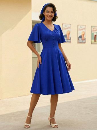 Vネック、ルーシュ、フロントボタン装飾、フラッタースリーブ、レトロスウィングドレス（レディース）2026