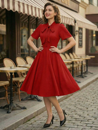 レッド ヴィンテージ ボウタイネック フラッタースリーブ エレガント Aライン スイング カクテルドレス レディース 2026