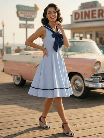 ライトスカイブルーセーラーカラー ボウノット ノースリーブ レトロ スイング Aライン ドレス レディース 2026