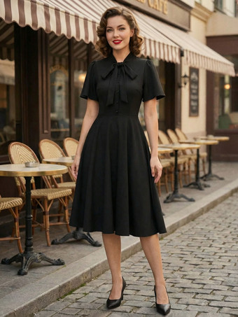 ブラック ヴィンテージ ボウタイネック フラッタースリーブ エレガント Aライン スイング カクテルドレス レディース 2026