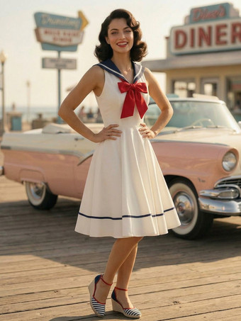 セーラーカラー ボウノット ノースリーブ レトロ スイング Aライン ドレス レディース 2026