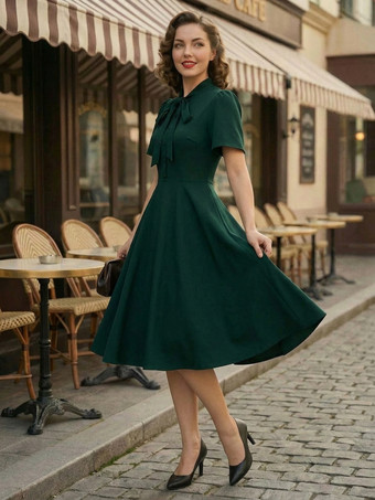 ダークグリーンヴィンテージ ボウタイネック フラッタースリーブ エレガント Aライン スイング カクテルドレス レディース 2026