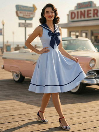 セーラーカラー ボウノット ノースリーブ レトロ スイング Aライン ドレス レディース 2026