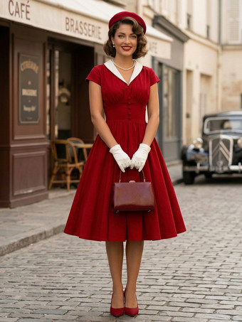 レッド Vネック、コントラストラペル、ルーシュ、レトロAライン、スウィングドレス（レディース、2026年）