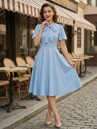 ヴィンテージ ボウタイネック フラッタースリーブ エレガント Aライン スイング カクテルドレス レディース 2026