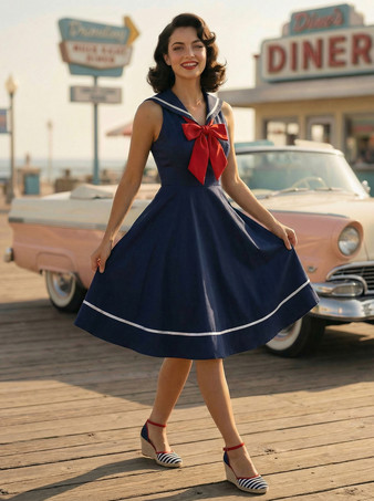 ダークネイビーセーラーカラー ボウノット ノースリーブ レトロ スイング Aライン ドレス レディース 2026