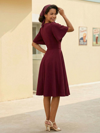 Vネック、ルーシュ、フロントボタン装飾、フラッタースリーブ、レトロスウィングドレス（レディース）2026