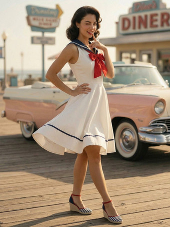 セーラーカラー ボウノット ノースリーブ レトロ スイング Aライン ドレス レディース 2026