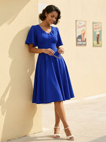 ブルー Vネック、ルーシュ、フロントボタン装飾、フラッタースリーブ、レトロスウィングドレス（レディース）2026