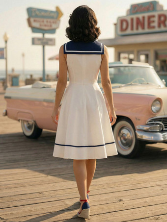 セーラーカラー ボウノット ノースリーブ レトロ スイング Aライン ドレス レディース 2026